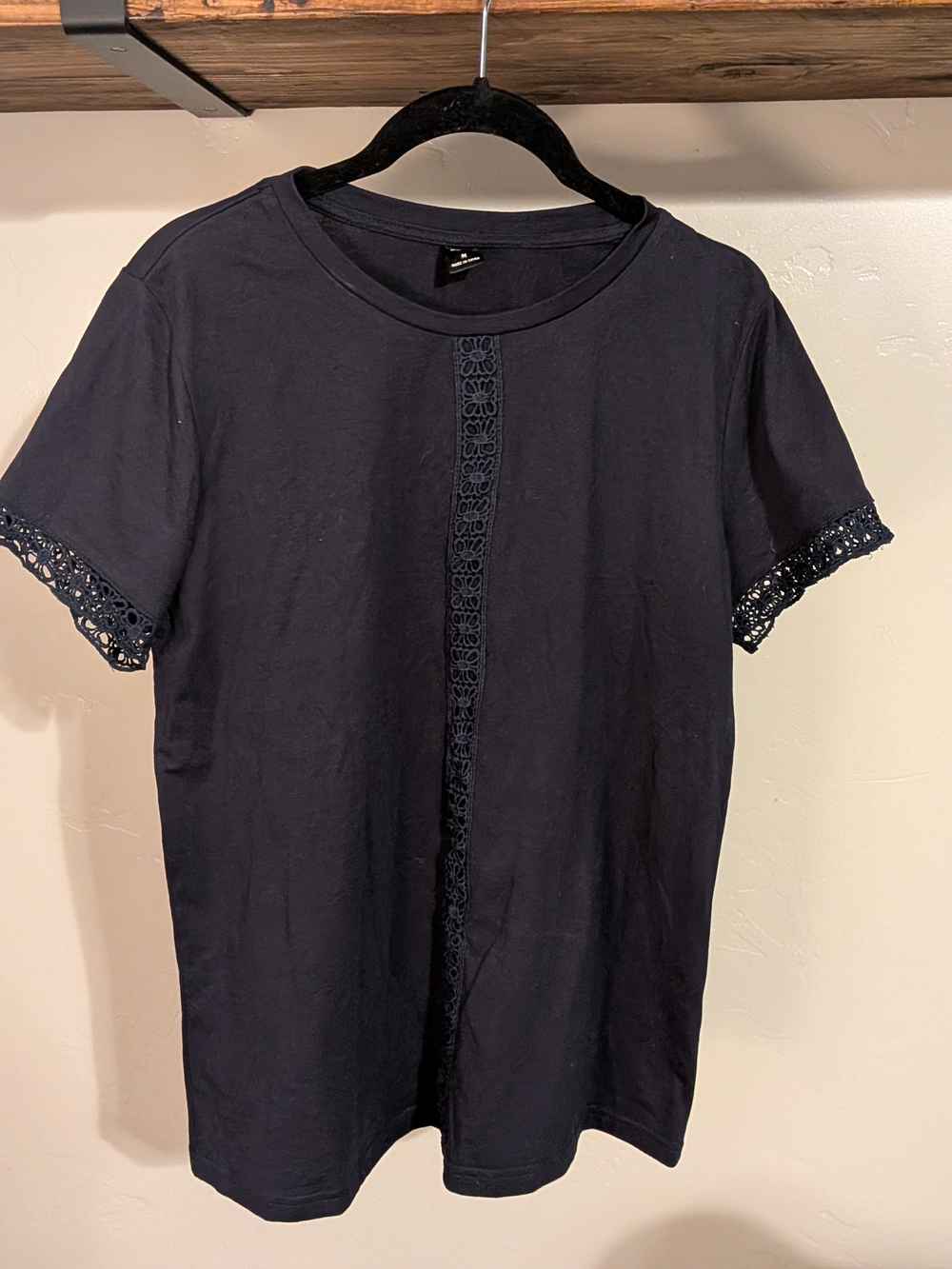 Women's Navy Short-Sleeve Crochet-Trim Tee